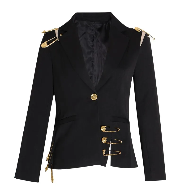 TWOTWINSTYLE Solid Chic Blazers For Women Notched Collar Long Sleeve Patchwork Metal Buckle Hollow Out Designer Blazer Female