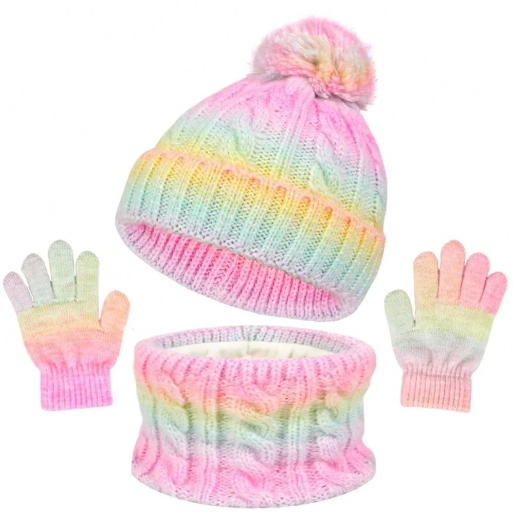 

Gradient Color Baby Hat Scarf Gloves Set Warm Ears Cute Pompom Toddler Knitted Hat with Velvet Keep Warm Hat Set Boys