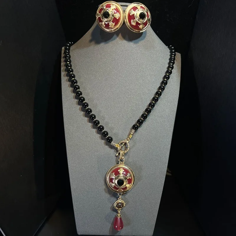 Vintage Medieval Distressed Jewelry Set, Luxury Necklace Brooch Earrings for Women Retro Costume Jewelry