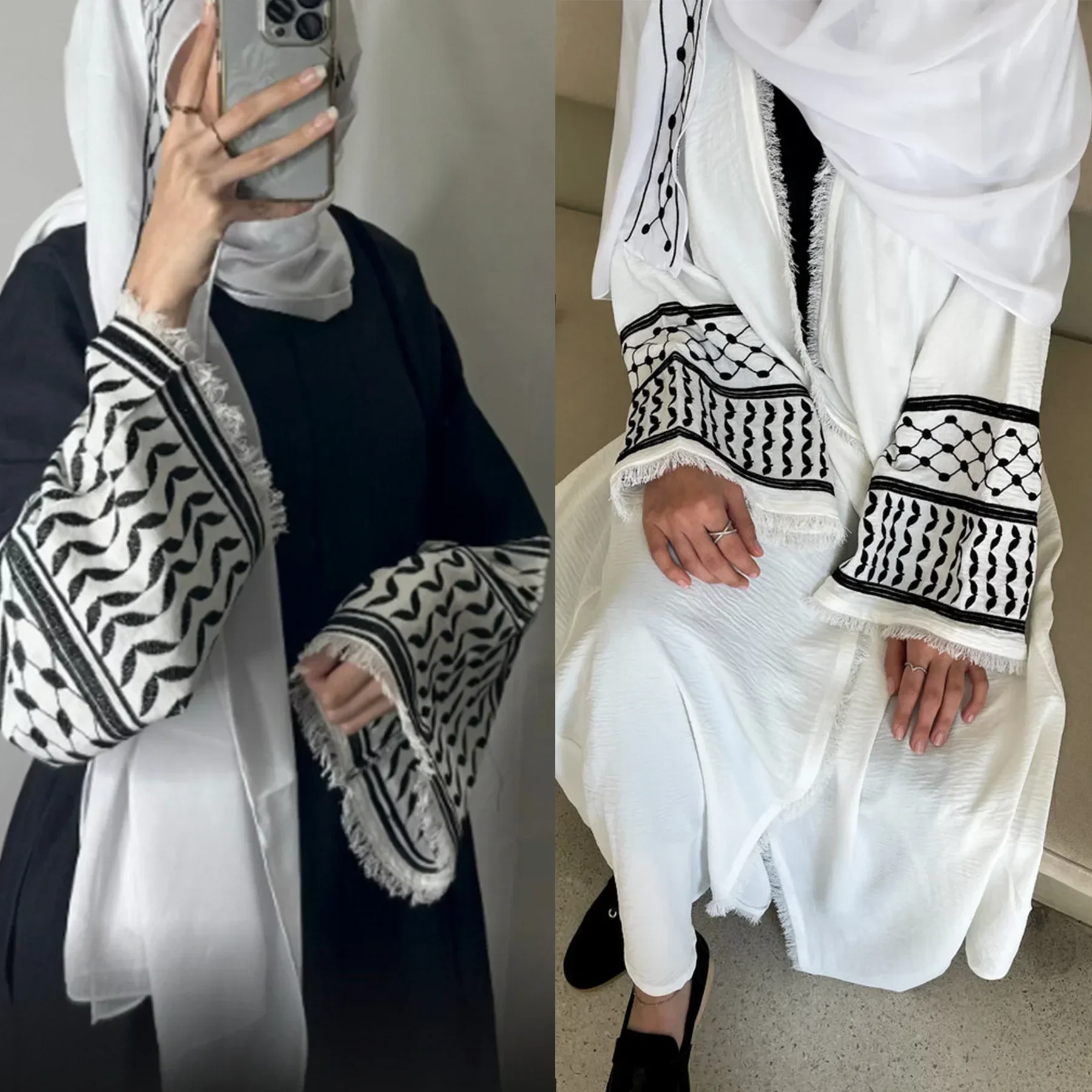 Muslim Women Long Loose Cardigan Dress Islamic Caftan Dubai Middle East Abaya Turkey Embroidered Sleeve Robe