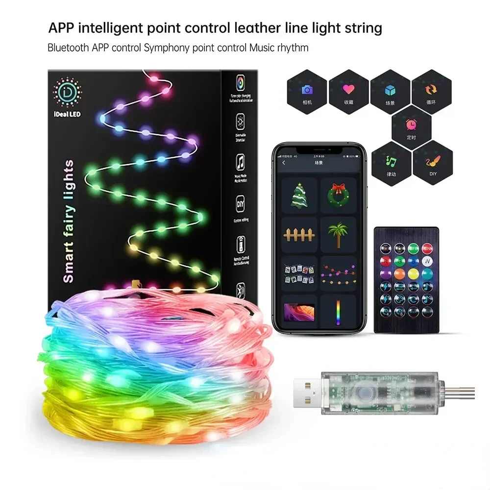 5-20M 5V RGB WS2812 Fairy Lamp USB Plug for Room Party DIY Decoration Colorful Rainbow Bluetooth Music Control LED String Lights