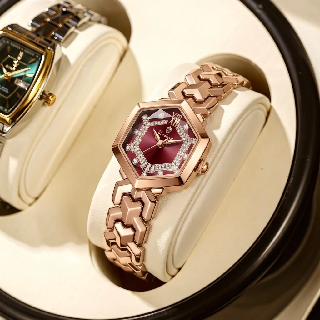 1 Women's Fashion Watch with Rose Gold Tone Chain Strap, Hexagonal Dial, Exquisite Shining Decoration, Elegant