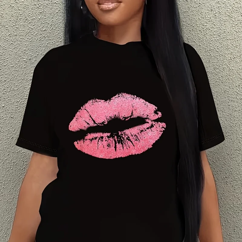 Pink Lips Kisses Lipstick Sexy Lips Kiss Gift Women's Plus Size T-Shirt 100% Cotton 220g