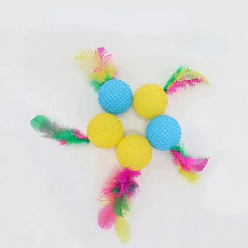 5Pcs Cat Toy Feather Golf Ball with Rustling Sound Interactive Kitten Teaser Scratching Ball Random Color