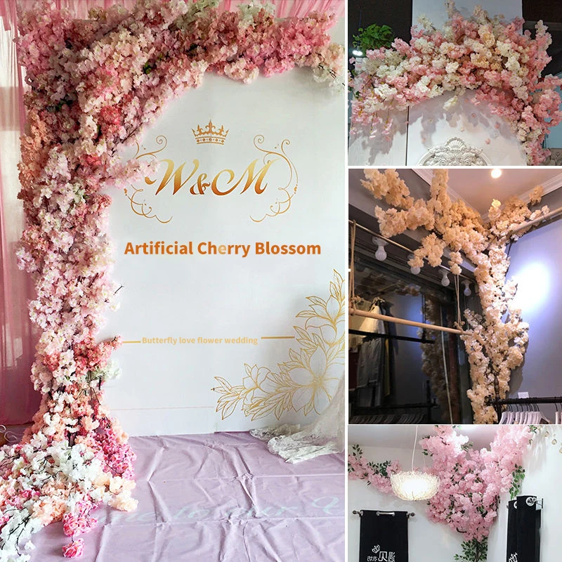 Artificial Flower Cherry Blossom Set Tree Vine Flower Wall Home Balcony Outdoor Garden Plant Wall DIY Wedding Party Arrangement