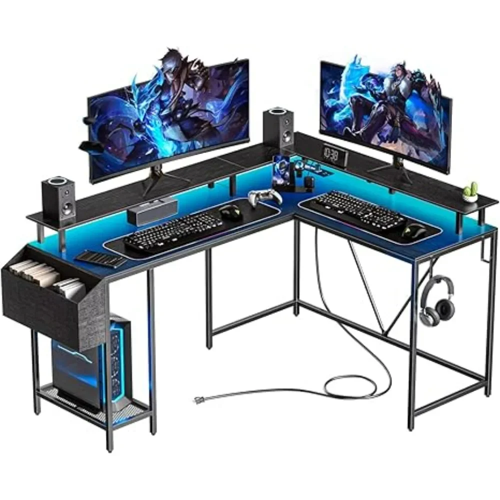 

Computer Desk with Power Outlets & LED Lights, L-Shaped Gaming Desk with Monitor Stand & Storage Bag, Corner Desk with Hooks