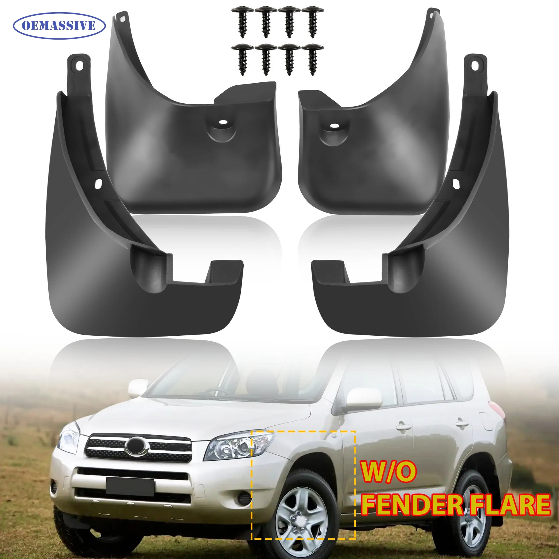 

Для Toyota RAV4 2006-2012 без расширителей колесных арок, 2007-2011, комплект из 4-х передних и задних брызговиков, легко устанавливаемые.