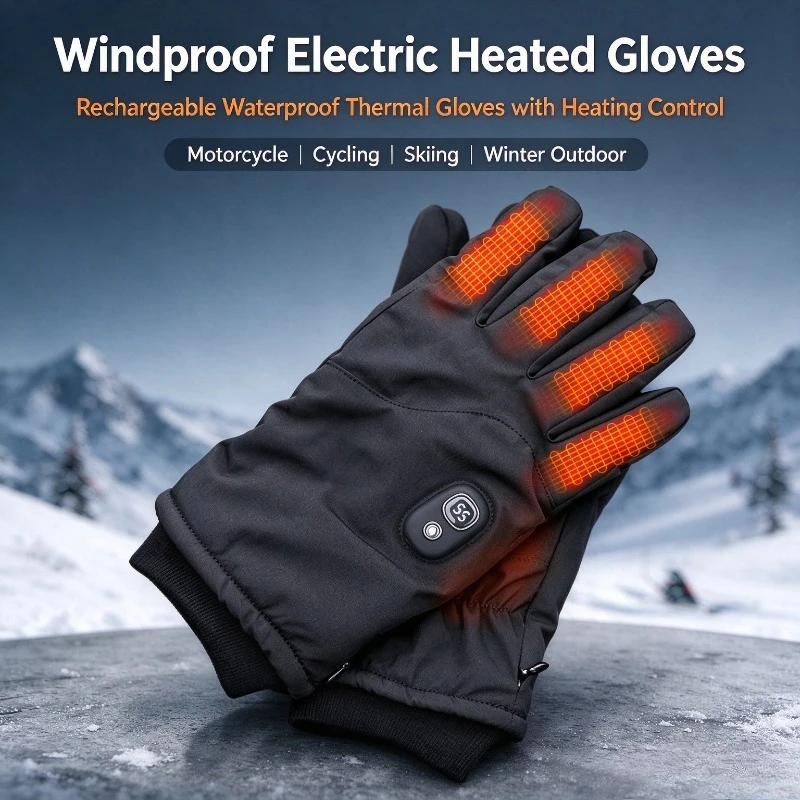 Windproof Heated Gloves, Rechargeable Waterproof Thermal Gloves with Heating Control, Warm Hand Mitts for Outdoor Use