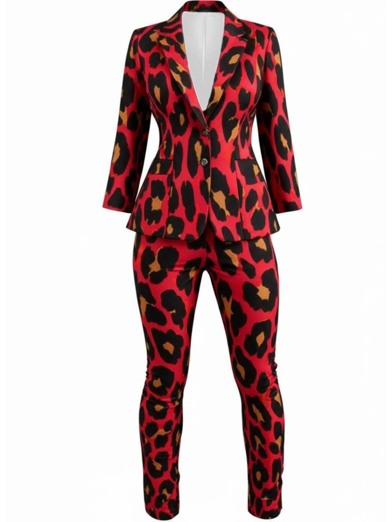 Women Notched Lapel Three Quarter Sleeve Leopard Print Blazer And High Waist Pants Two Piece Office Business Matching Suit