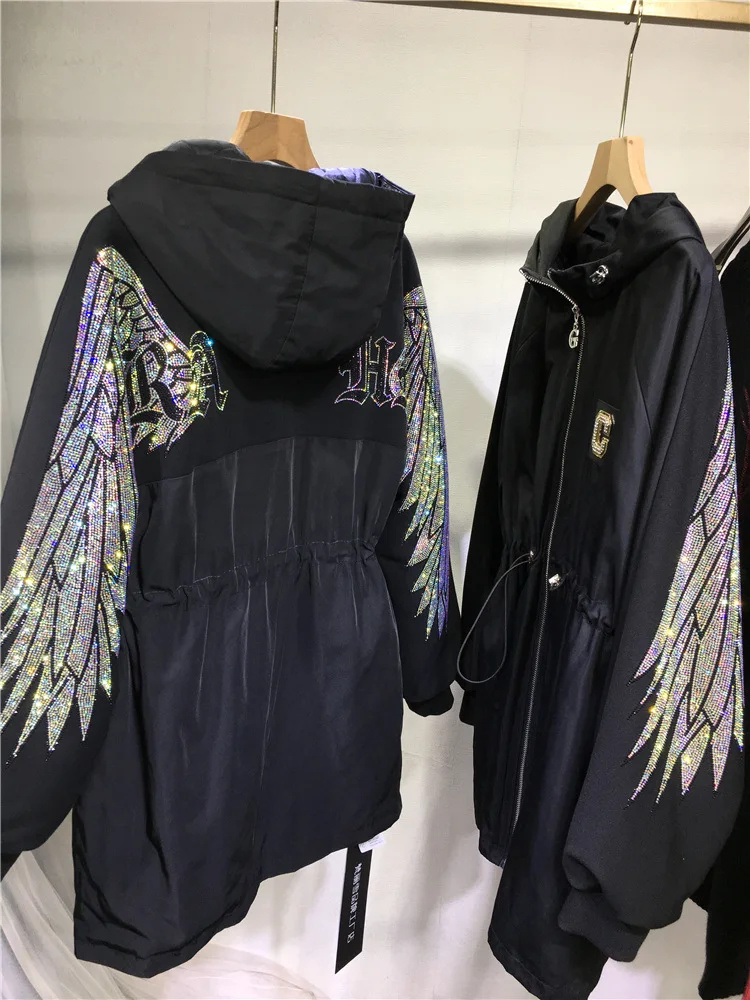 Heavy-Duty Rhinestone Windbreaker Women Spring Autumn Hooded Light Luxury Wings Waist Slimming Black Cardigan Winter Cotton Coat