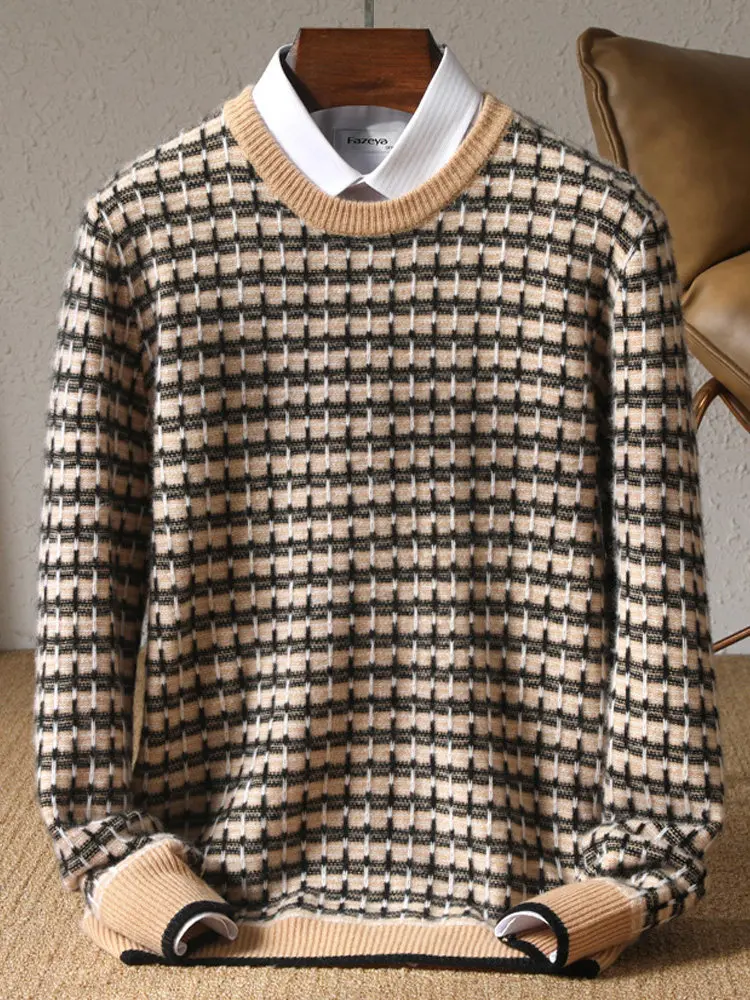 

100% Australian wool crew neck thickened jacquard plaid sweater business casual light luxury cashmere knitted sweater