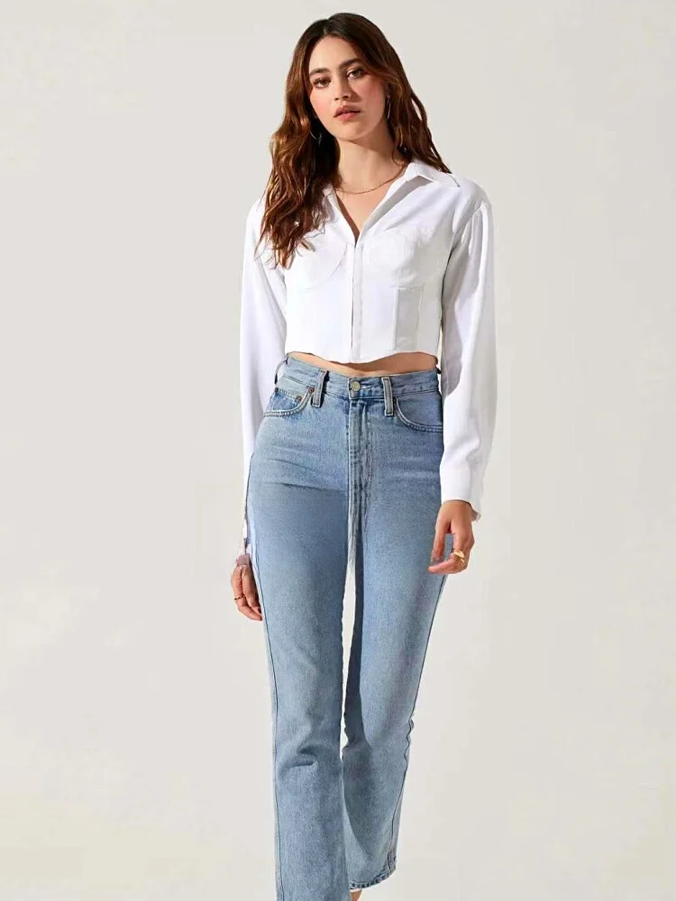 

Faionable Long Sve irt with Waist Cinching Stand Collar Design High Waist French Sle Pure Color Women's Premium Top