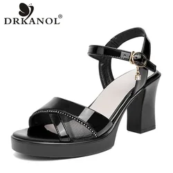 DRKANOL Fashion Summer High Heel Sandals Women Peep Toe Split Leather Mesh Buckle Strap Rhinestone Thick Heel Casual Sandals