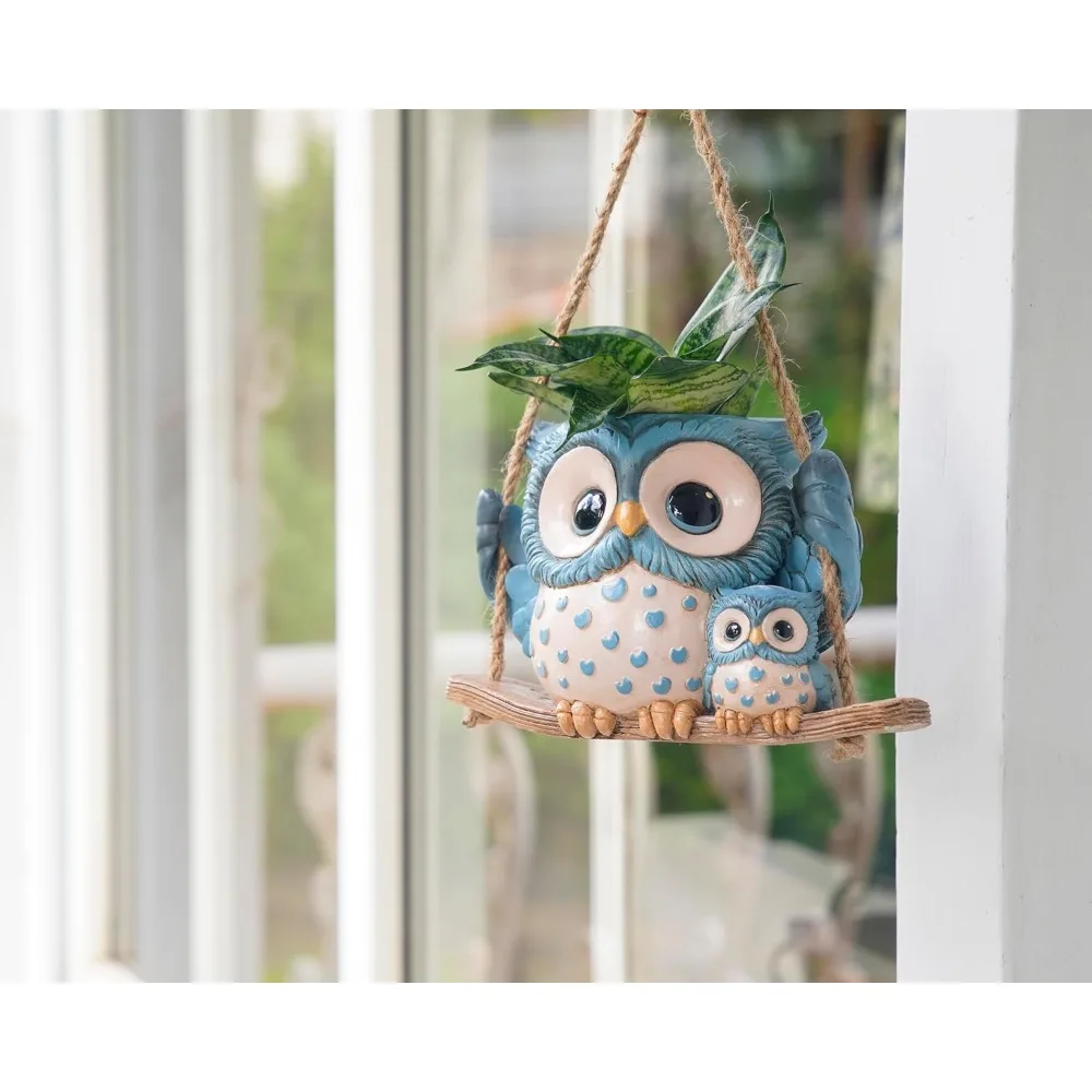 Jardineros colgantes de búho oscilante para plantas de interior, lindos maceteros pequeños y suculentos con orificio de drenaje, perchas de plantas de resina únicas para exteriores,