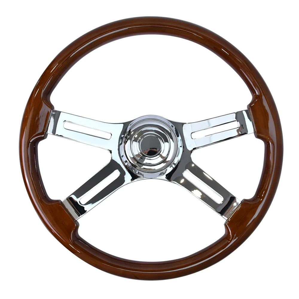 18' Solid Wood Lacquering Truck Steering Wheel 4 Spoke Aluminum Chrome Plated Steering Wheel With Vintage Style