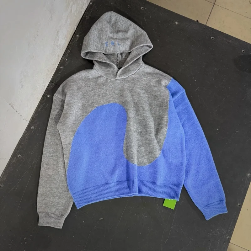 Retro Contrast Color Hood Knit Sweatshirt ERL Mens Loose Gray Blue Spliced Winter Warm Top