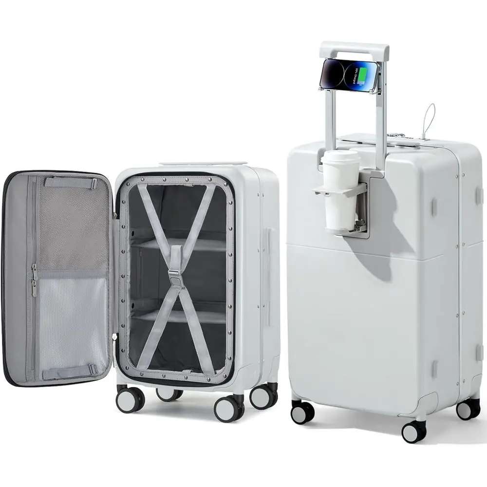 

28-дюймовый большой чемодан с жестким корпусом, подставкой для стакана, колесами, разделителями и замком, цвет дымчато-белый