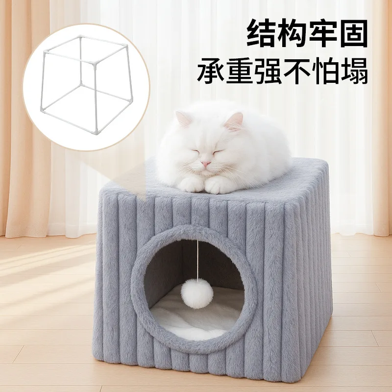 Winter Warm Semi-Enclosed Cat Nest Washable Pet Bed Cozy Cat House for Indoor Use