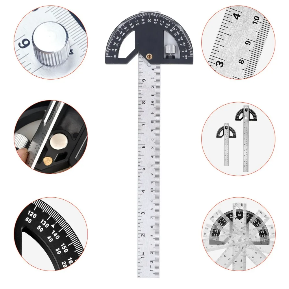 12-Inch Angle Protractor Stainless Steel 0-180 Degrees Angle Finder Ruler Silver Adjustable Protractor Square Woodworking