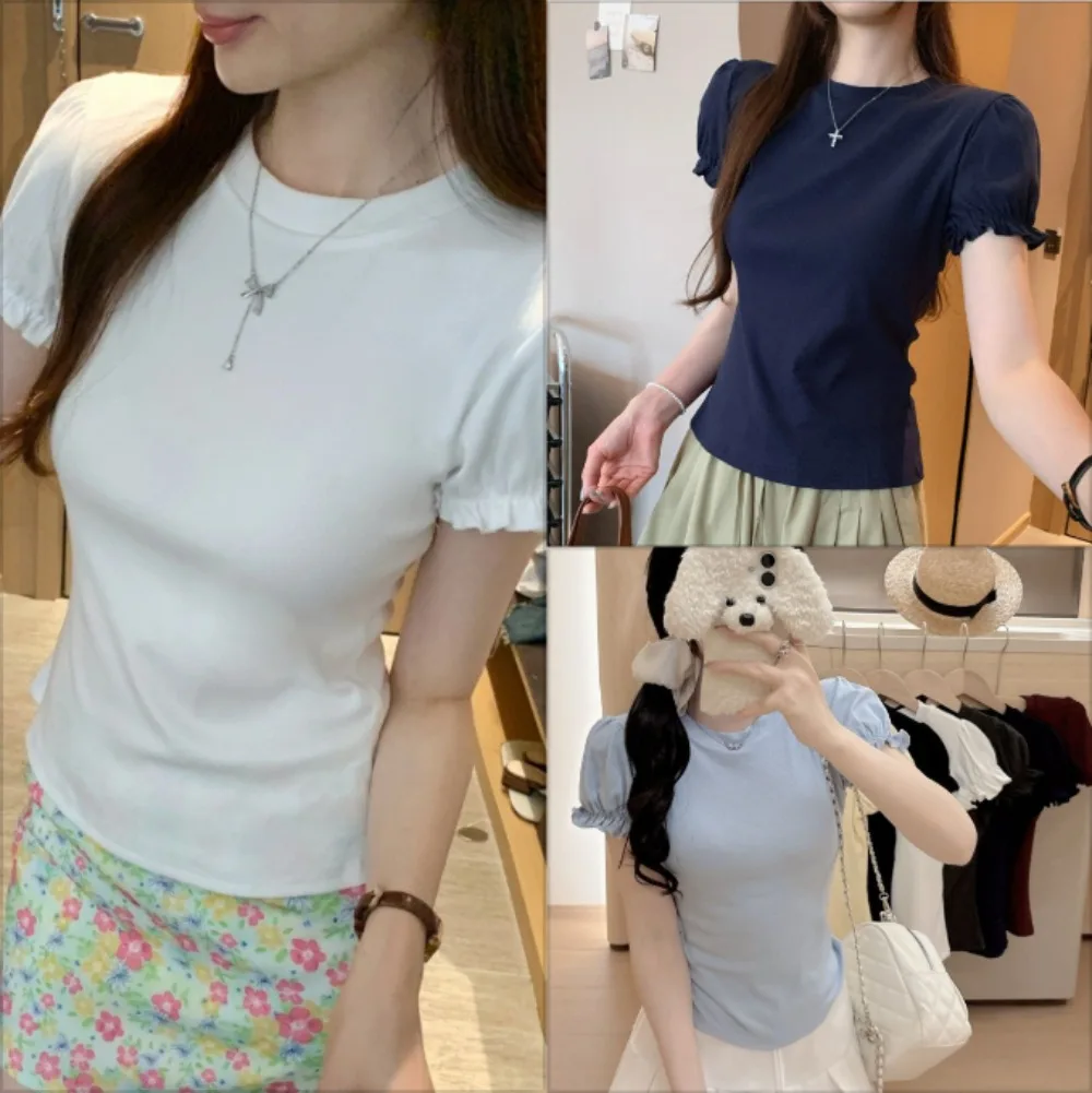 

Retro T-shirt Women Slim Casual Puff Short Sleeve Fashion Knitted Tops T-shirts