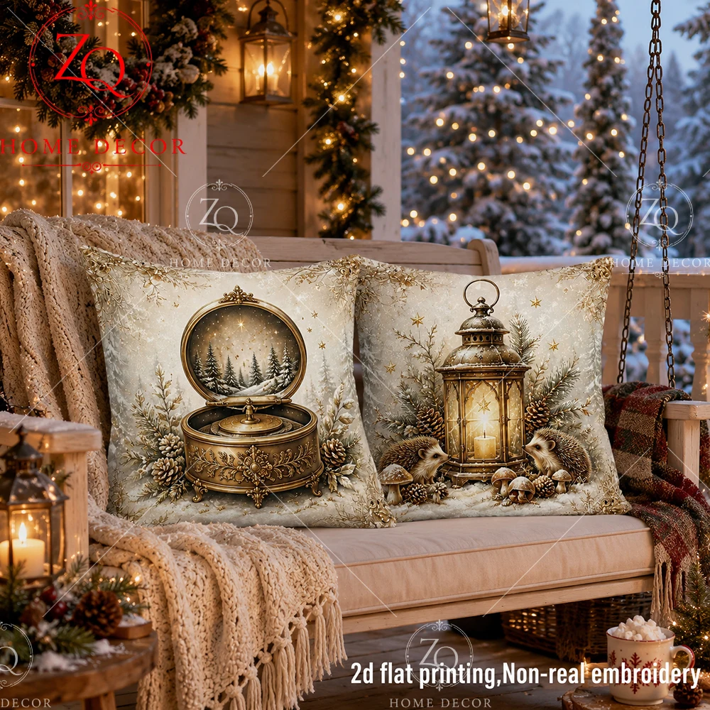 Vintage Christmas Throw Pillow Covers Polyester Winter Forest Hedgehog Lantern Music Box Decorative Cushion Cases Sofa Bedroom