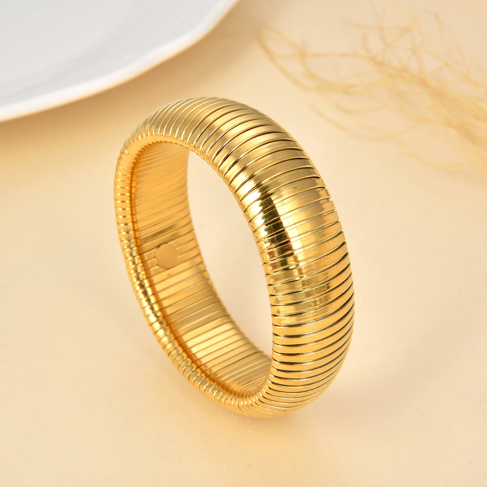 Gold Plated Stretch Snake Wide Bangle for Women,Stainless Steel Tri-tone Interlocking Cobra stretchy Bracelet 20mm