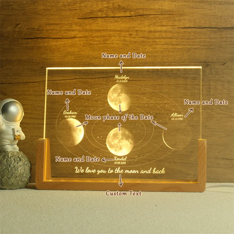 Lampe en cristal de phase de lune personnalisée, veilleuse en cristal de lune personnalisée, la nuit que nous avons rencontrée, le jour où vous êtes né, cadeau de famille