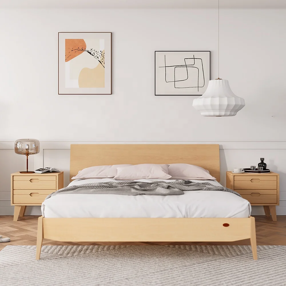 Modern Nordic Style Custom Solid Wood Field Queen King Size Bed Elegant Double Wooden Platform Bed Frame for Adults - view 5