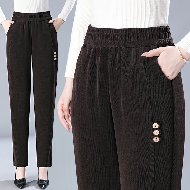 Autumn New Corduroy Straight Pants Women Elastic Waist Solid Pocket Loose Casual Middle-aged Button Trousers plus Size