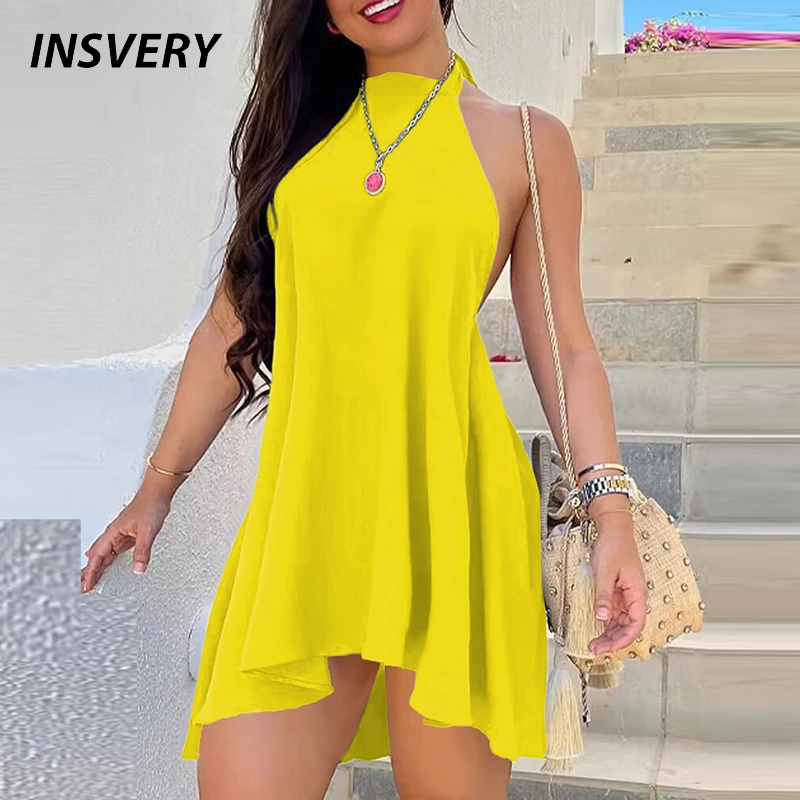 Vestido corto informal de verano sin mangas para mujer, minivestido elegante con cuello Halter, Espalda descubierta, color liso, para fiesta en la playa, 2023