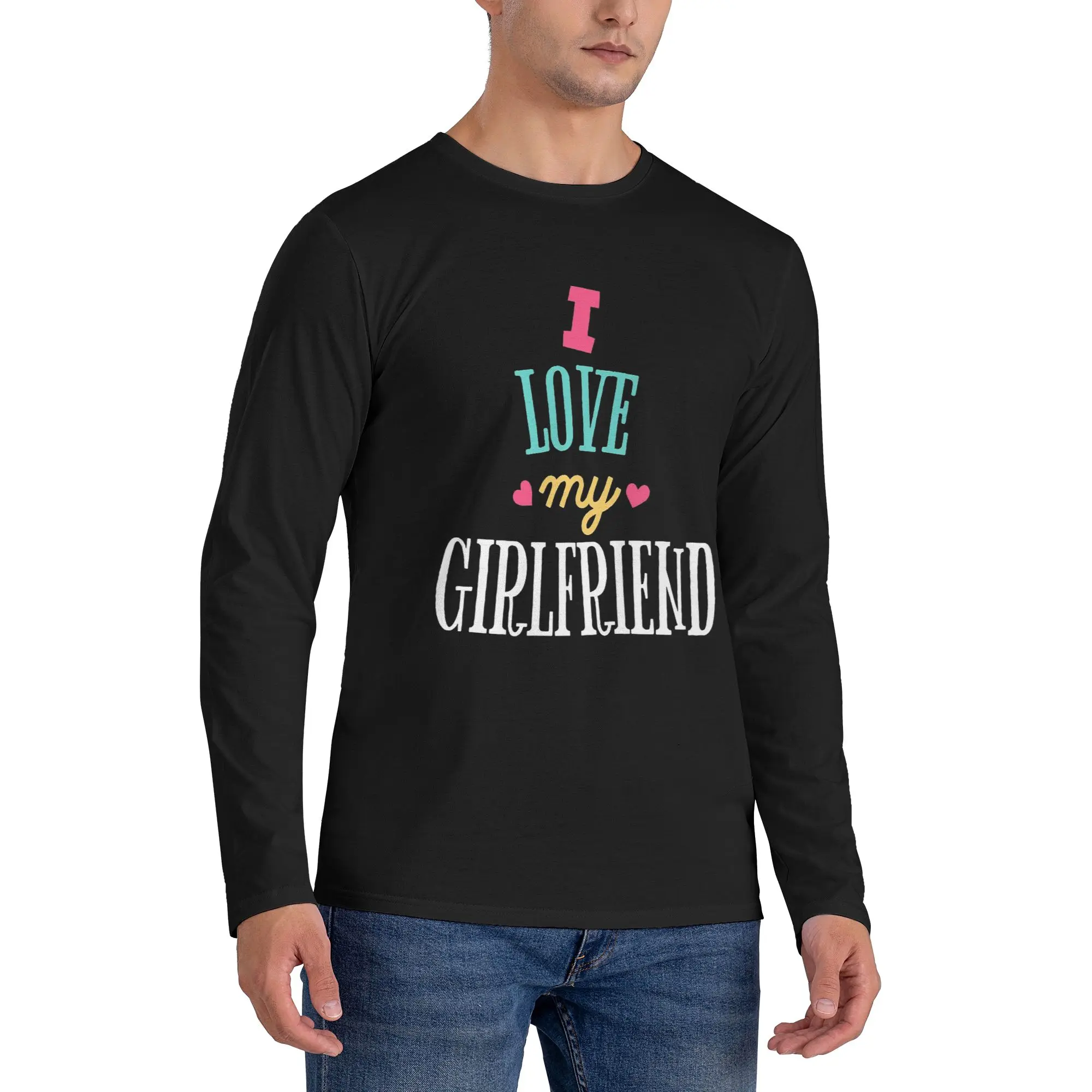 

Мужская футболка с длинными рукавами I Love My Girlfriend, модные футболки с круглым вырезом, весенние и осенние мужские топы