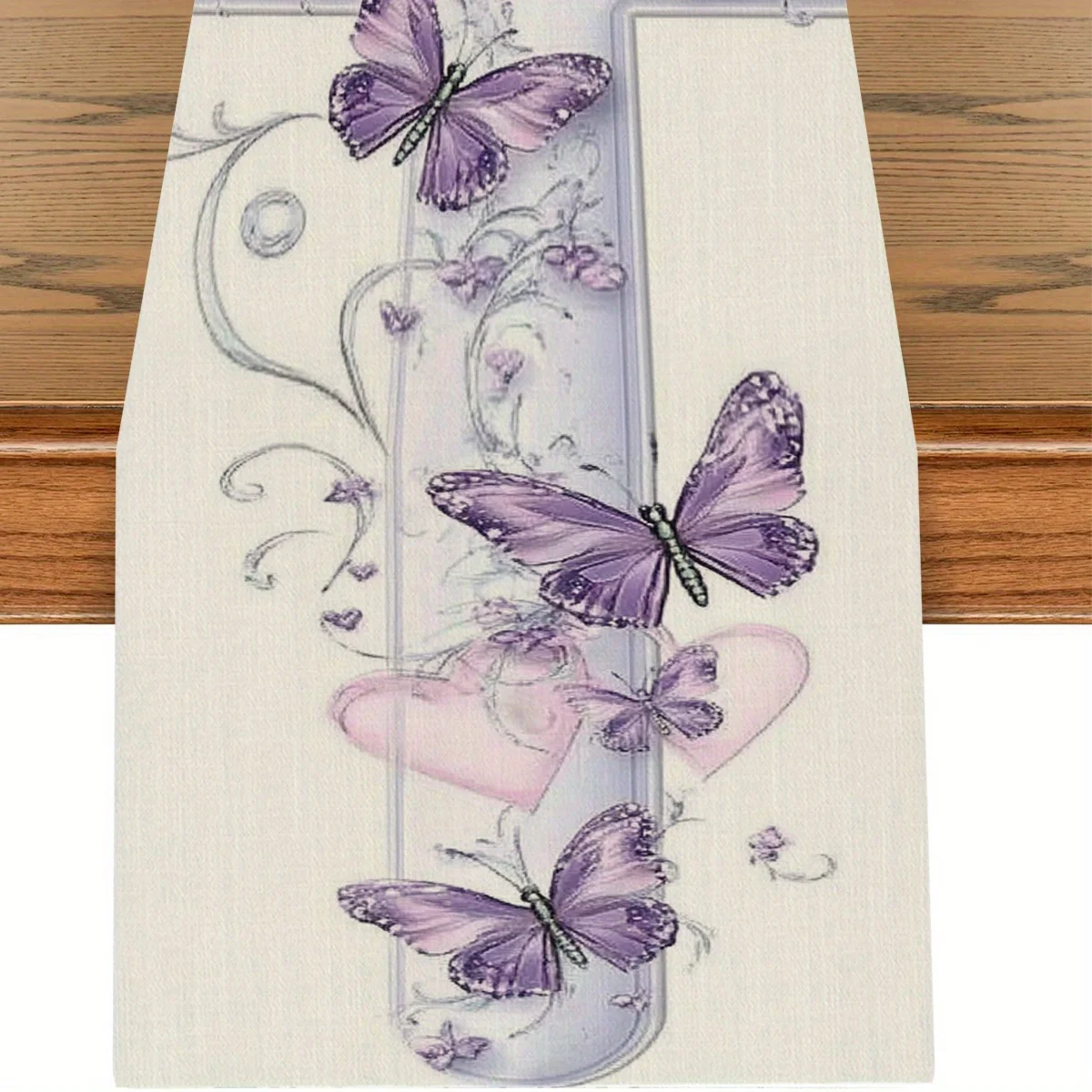 1 Piece of White Table Runner with Purple Butterfly Pattern, Suitable for Farmhouse, Indoor, Kitchen, Celebrations, Table Decoration, Restaurant and Banquet Decoration Supplies