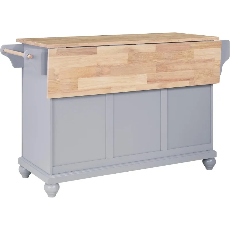 Kitchen Island with Rubberwood Drop Leaf on Wheels &Solid Wood Feet, 57.6 Inch Width/32 Inch Depth, Rolling Kitchen Island