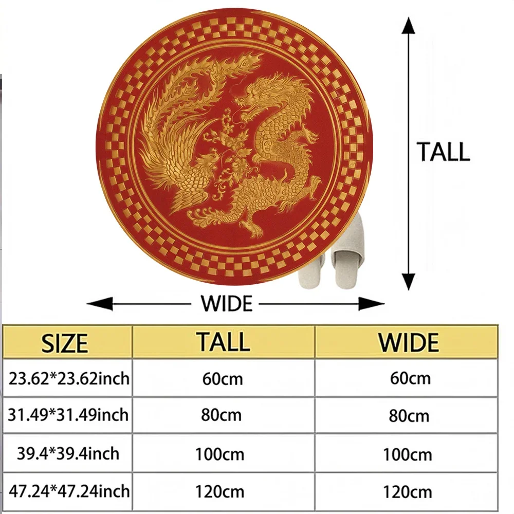 Chinese Dragon Phoenix Round Rug Red Gold Traditional Auspicious Pattern Flannel Carpet 60cm Small Size for Entryway Study Feng