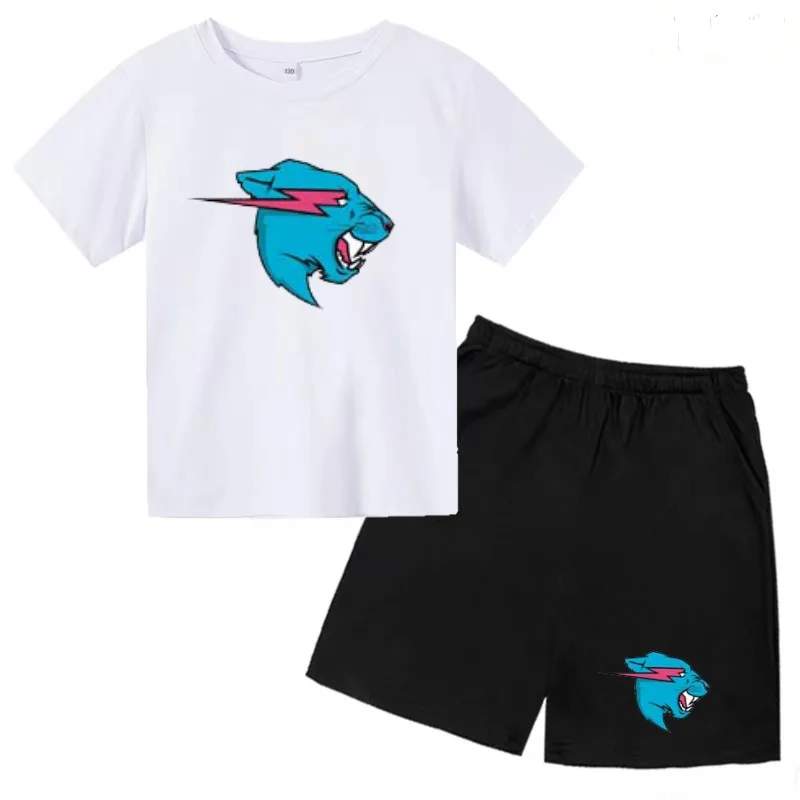 Kids Charming Animal Head Image Print T-shirt Clothing Summer Short-sleeved+Shorts Boy Girl 3-12 Years Fashion Casual Sports Set