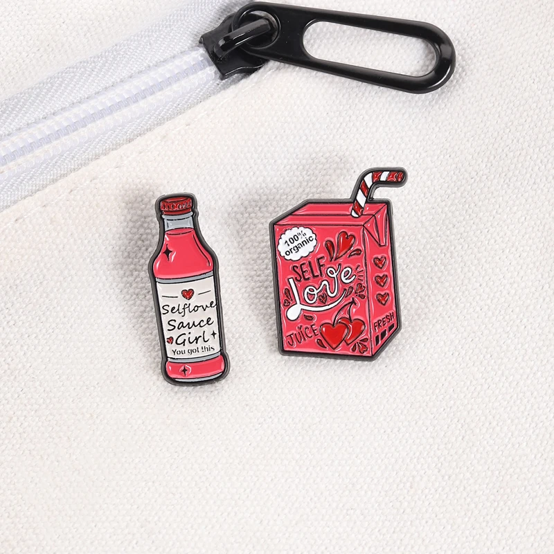 Funny Healing Self-Love Beverage Enamel Pin, Heart Text Drink Bottle Decor, Encouraging Self-Love Accessories