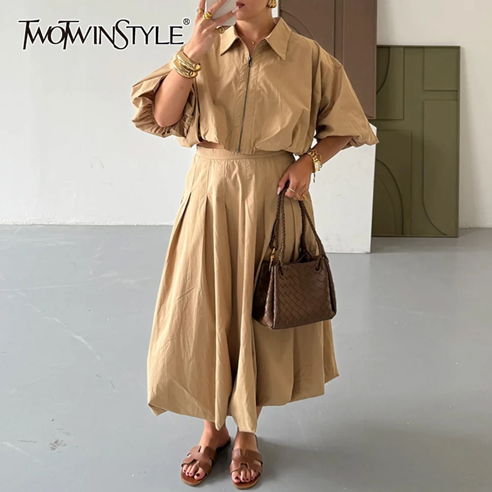 

TWOTWINSTYLE Solid Casual Spliced Folds Two Piece Set for Women Lapel Puff Sleeve Top High Waist A Line Skirt Suit Female Style