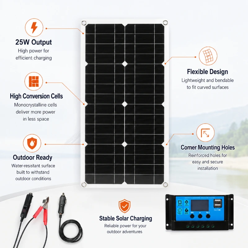 25W Foldable Solar Panel Kit Dual USB Output Controller for Camping RV Car Boat Outdoor Emergency Set Portable Solar Panel Kit