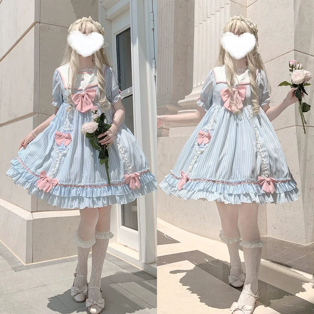 New Harajuku Gothic Women Fashion Blue Dress Female Lolita Temperament Slim Sweet Kawaii Dress Cool Girl