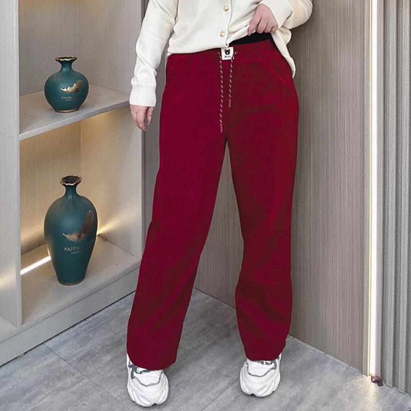 Plus Size Women Thicken Fleece-lined Winter Straight Pants High Waist Loose Chenille Corduroy Casual Warm Wide Leg Trousers 8548