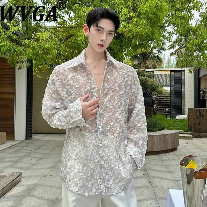 

WVGA Springsummer New Men's Three-dimensional Pattern Long-sleeve Shirt Lightweight Slightly Transparent Niche Casual Top W23669