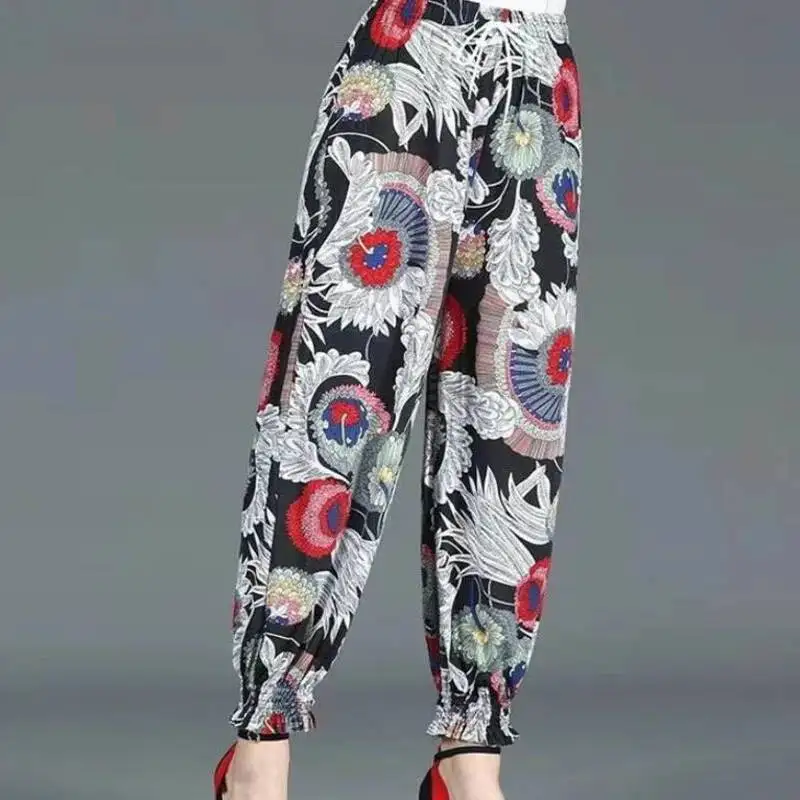 Women Harem Pants 2025 Summer Casual Vintage Printed Beach Pants Elastic High Waist  Fashion Loose Female Cropped Trousers