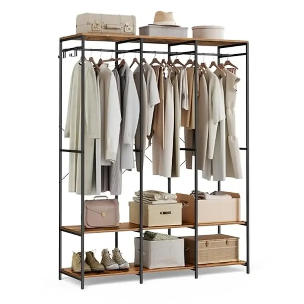 

Solid Iron Wood Wardrobe Rack Closet Storage Organizer with Hanging Rods Shelves Hooks Heavy Duty Garment Rack Clothes Bags