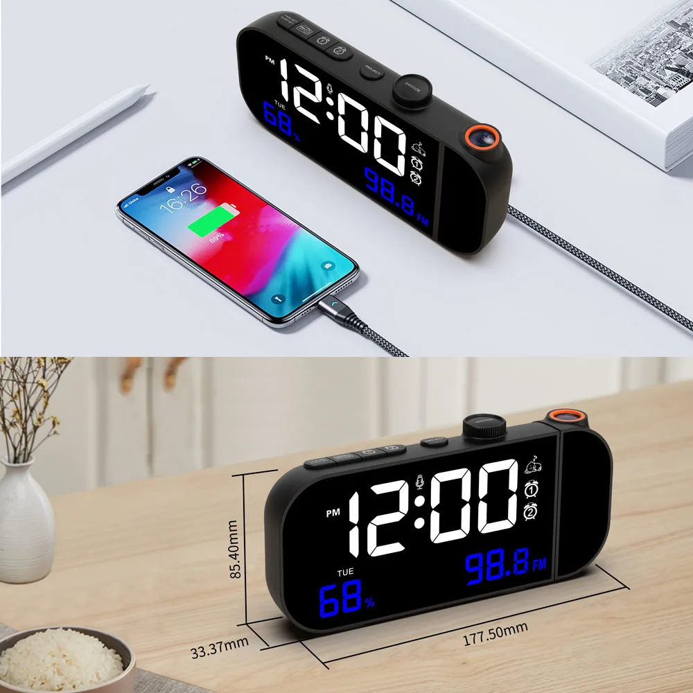 Digital Projection Alarm Clock with FM Radio, Temperature and Humidity display. Smart Sound Control Light Up Function. Gift Idea