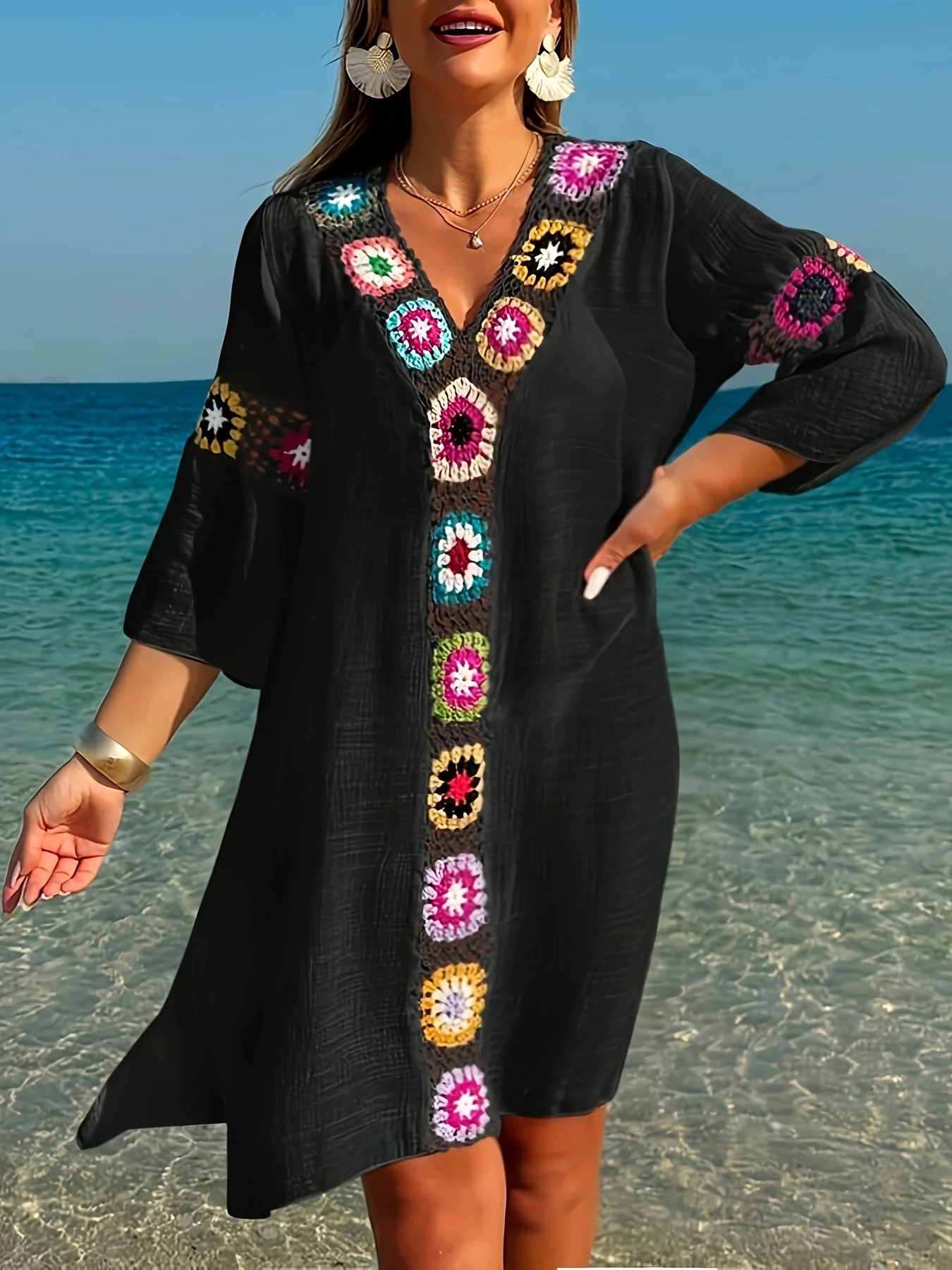 MOXDO Wrap-Style Tunic Dress for Women: Beach and Vacation Style, Casual and Fashionable, V-Neck Knit, Perfect for the Beach