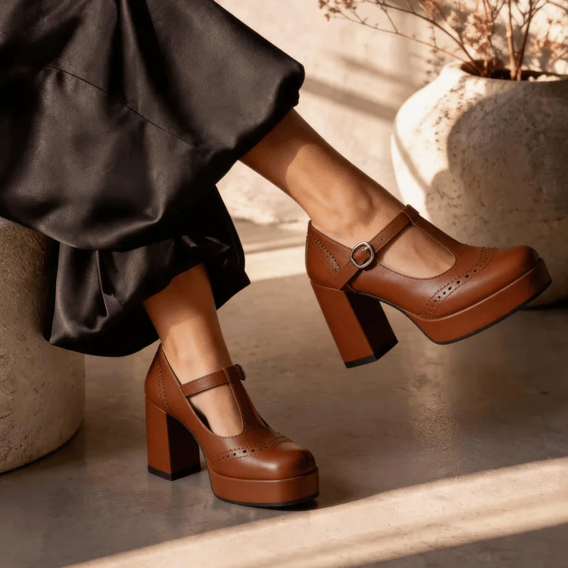 Classic Women's High Heels Solid Color Round Toe Ankle Strap With Metal Buckle Daily Wear Workplace Academy Shoes
