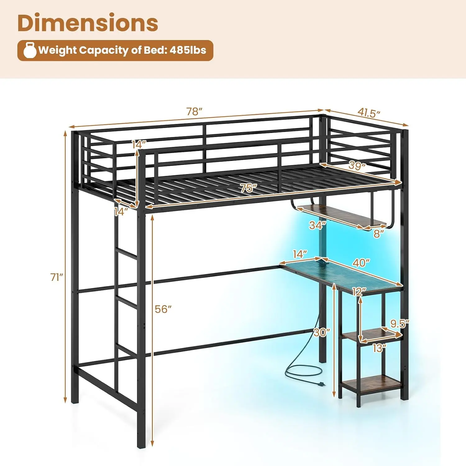 Twin Loft Bed with Desk, LED Lights, Charging Station, Heavy-Duty Metal Bed Frame with Guardrail, Ladder & Storage Shelves