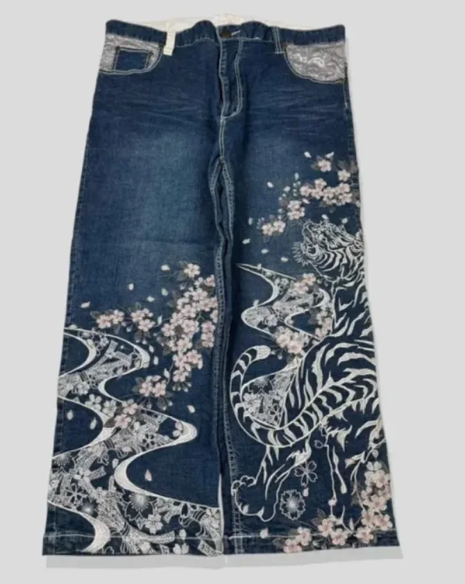 

Fmxires New American High Street Retro Jeans with High Waist Straight Tube Loose and Slimming Pants Floral Printing Y2K Clothing