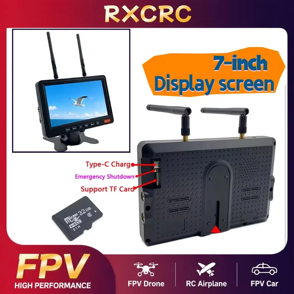 RXCRC 5.8G 56CH FPV 7-inch Receiving display screen 1024*600pixels 600cd/m² Memory card 32G TF is suitable for FPV DVR Receivier