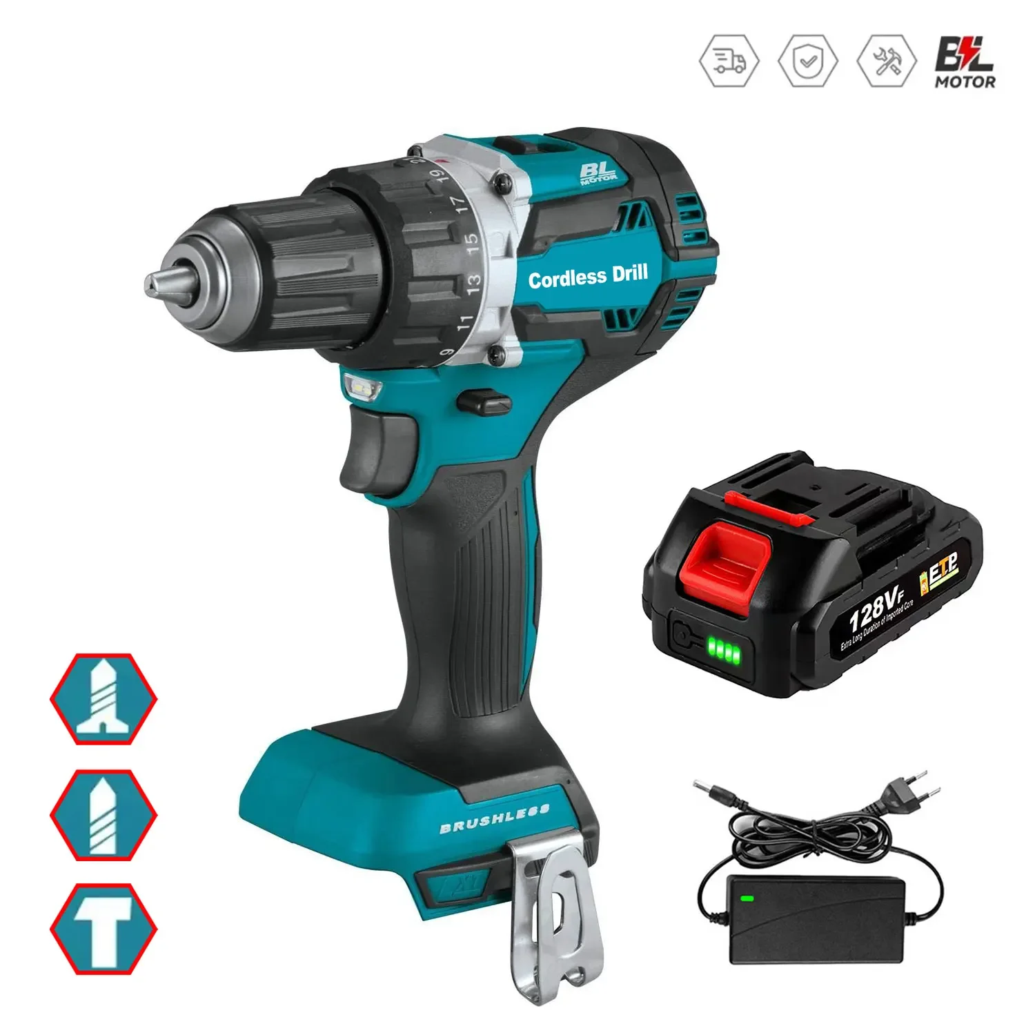 

Brushless Impact Electric Drill 10mm Chuck Cordless Screwdriver Li-ion Battery Power Tool For Makita 18V Battery